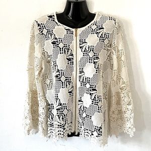 Miss Finch embroidery zip up bell sleeve top